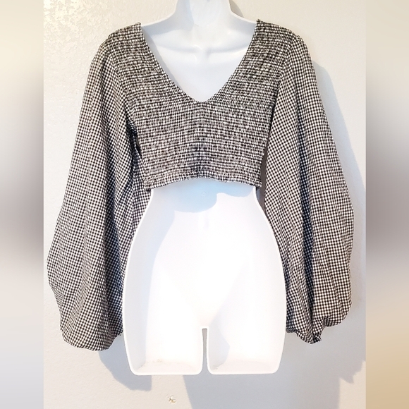 Gingham Checkered Smocked Crop Top Long Balloon Exaggerated Bishop Sleeves Small - Picture 3 of 6